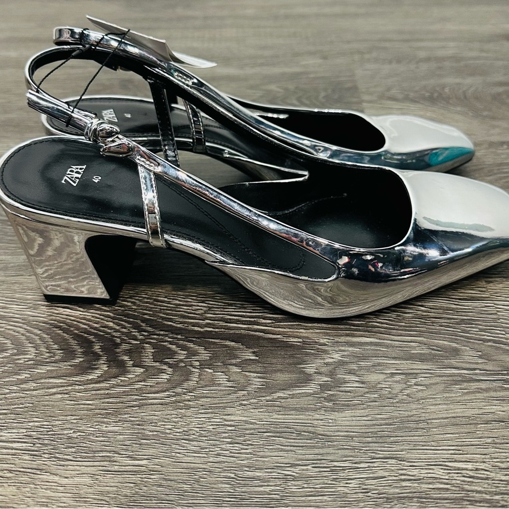 Zara NWT Metallic Silver Block Heel Slingback Heels Size 40 - Picture 8 of 13